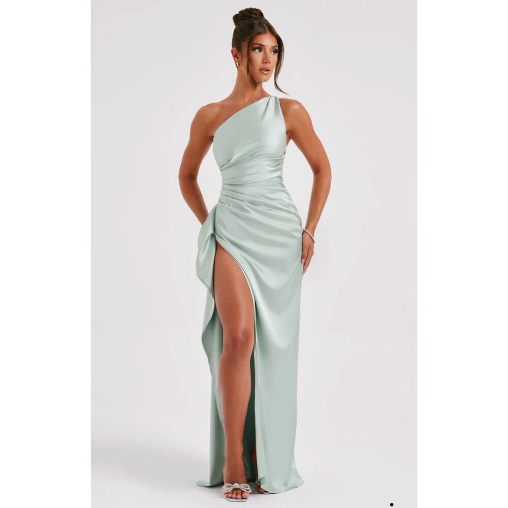 Babyboo ariel sage green one shoulder satin maxi dress - size medium